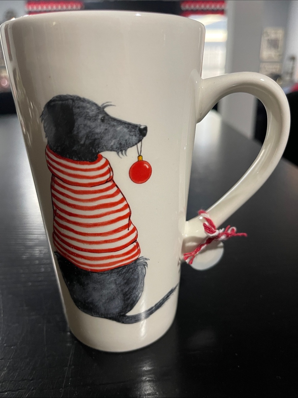 Black Mutt Mug White Holiday Dog Stripe Ceramic Mug with Red Accent